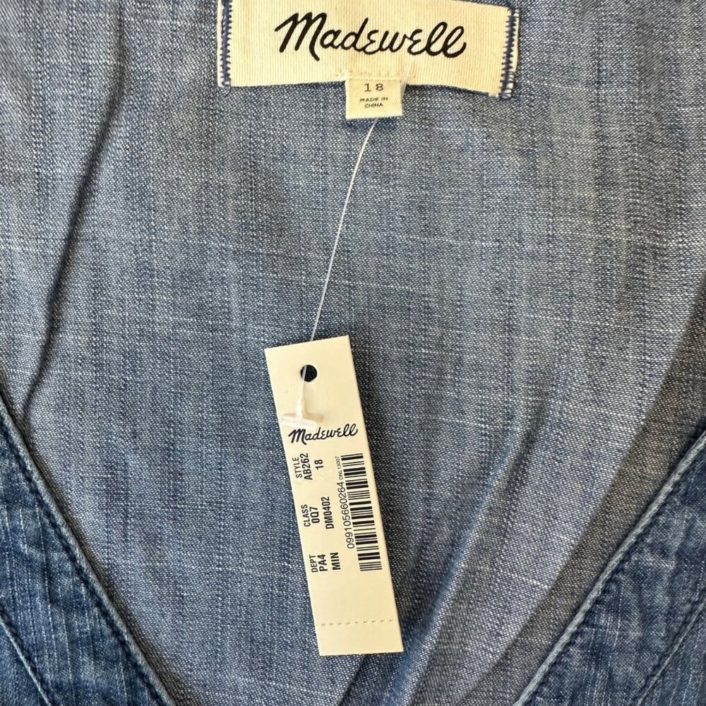 Madewell Denim Chambray Pleat-Waist Midi Dress Button Up Size 18 Blue Cottage - Picture 3 of 10